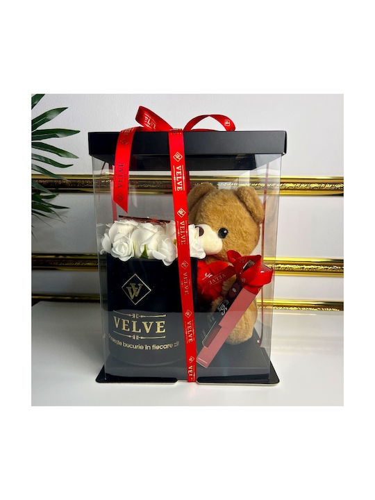 Pachet Special De Valentine 25 Cm Aranjament Ursuleț De Pluș 9 Trandafiri Săpun Brosă Set Cosmetice În Cutie Cadou