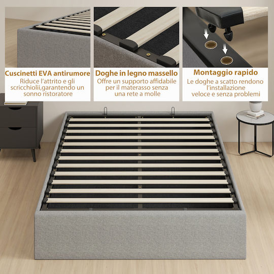 Double Upholstered Bed with Gray Fabric with Storage Space & Slats for 140x190cm Mattress