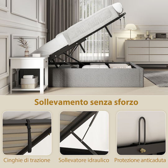 Double Upholstered Bed with Gray Fabric with Storage Space & Slats for 140x190cm Mattress