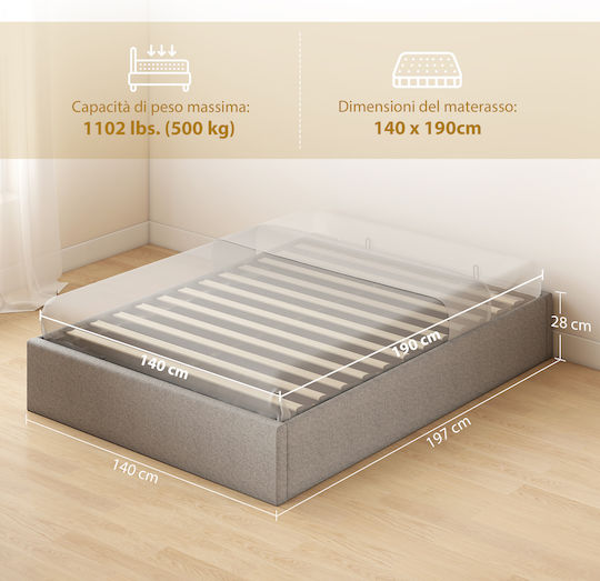 Double Upholstered Bed with Gray Fabric with Storage Space & Slats for 140x190cm Mattress
