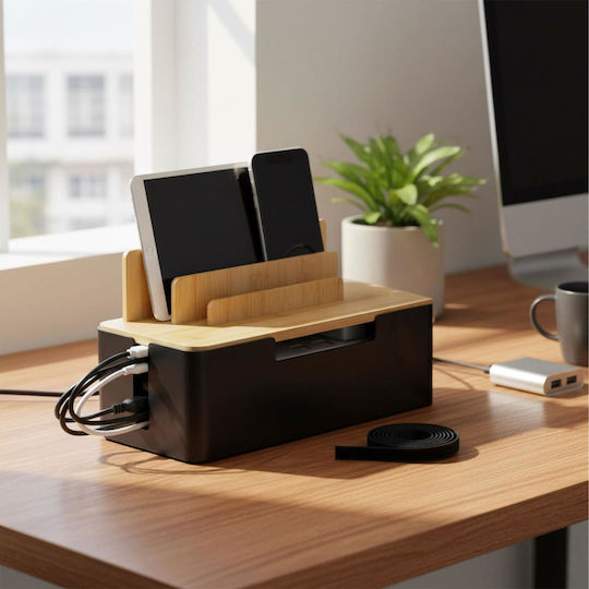 Relaxdays Bamboo Cable Management Box with Base for Tablets / Phones 16 x 30 x 13 cm - White / Light Brown 10052394