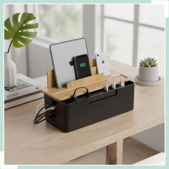 Relaxdays Bamboo Cable Management Box with Base for Tablets / Phones 16 x 30 x 13 cm - White / Light Brown 10052394