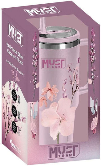 Must Team Ποτήρι Θερμός Ανοξείδωτο 1.2lt Floral με Καλαμάκι