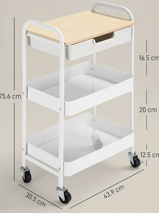 HomCom Τρόλεϊ Κουζίνας Ξύλινο 3 Θέσεων Λευκό 43.9x30.5x75.6cm