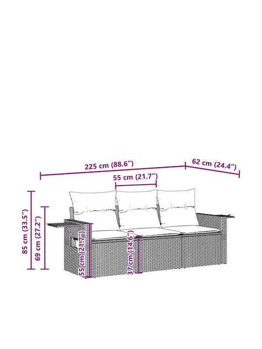 Three-Seater Outdoor Rattan Sofa with Cushions 55x55x69cm