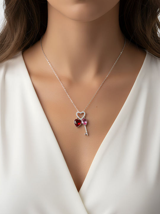 Chrysothemiss Women's Necklace Key To My Heart Rhodium Plated Red & Pink Crystals
