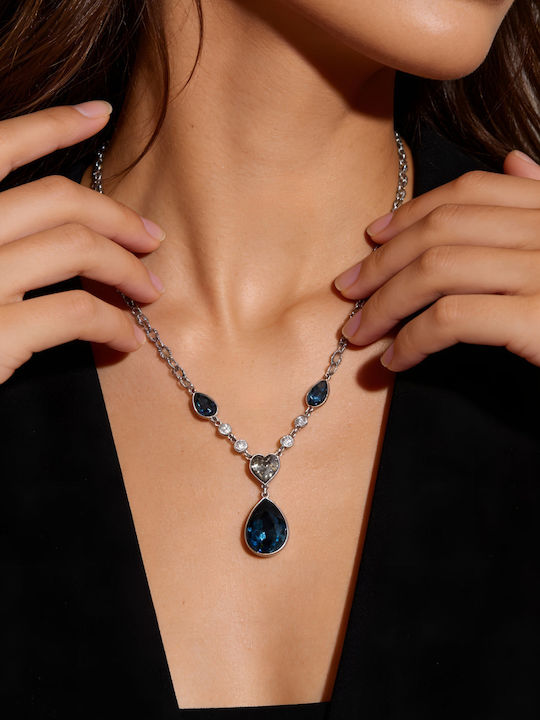 Chrysothemiss Women's Necklace Midnight Grace Platinum Plated Dark Blue Crystal & Heart