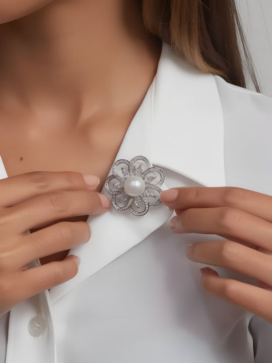 Chrysothemiss Women's Pin Pearl Radiance Flower Pearl & Zircon Platinum Coating