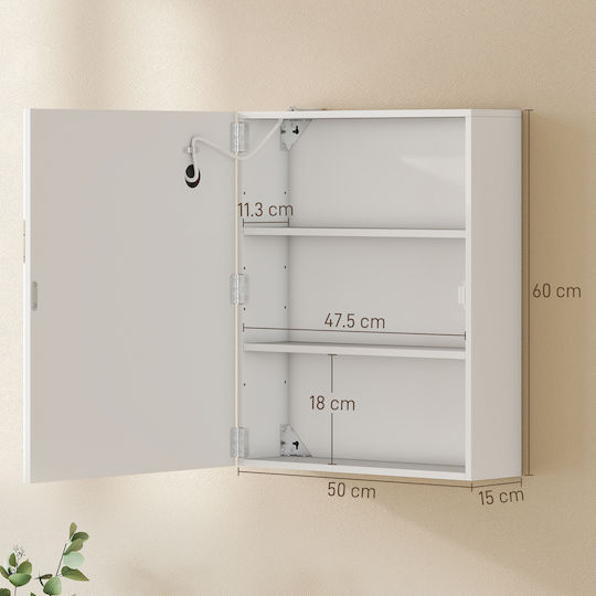 HomCom 834-911V90WT Oglindă cu Led cu Atingere din MDF cu Raft și Dulap 50x15cm Alb