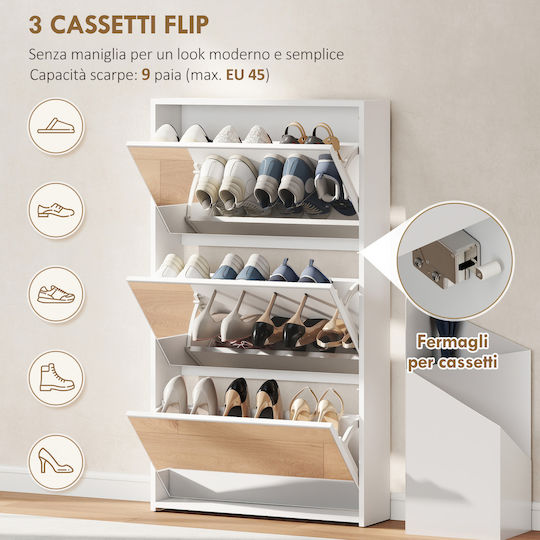White Wooden Shoe Cabinet with Tilting Shelves L65xD17xH114.5cm