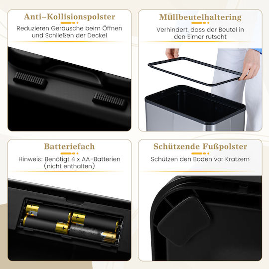 Costway Waste Bin Made of Stainless Steel with Sensor 60L Black