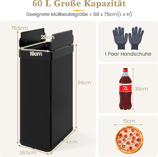 Costway Waste Bin Made of Stainless Steel with Sensor 60L Black
