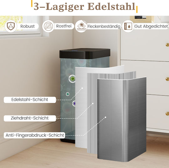 Costway Waste Bin Made of Stainless Steel with Sensor 60lt Silver