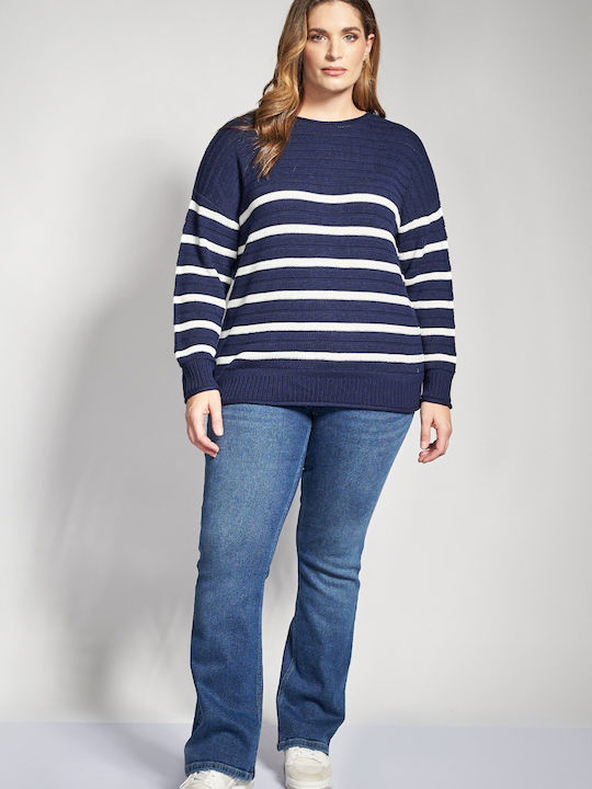 Bluza Damă Mânecă Lungă Pulover cu Decolteu Tip Zâmbet Cu Dungi Albastru