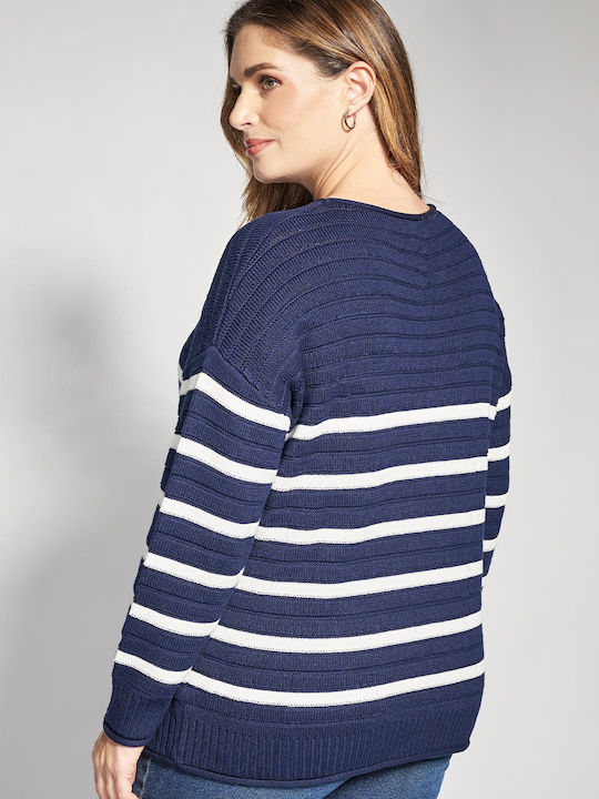 Bluza Damă Mânecă Lungă Pulover cu Decolteu Tip Zâmbet Cu Dungi Albastru