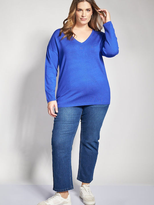 Bluza Damă Mânecă Lungă Pulover cu Decolteu în V Albastru