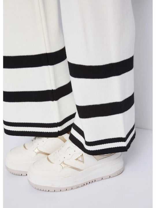 Women's Fabric Trousers with Elastic Striped White-black