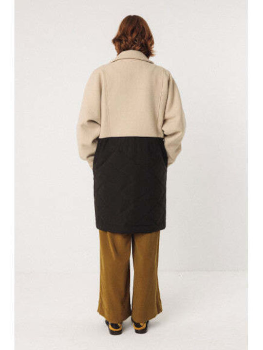 Damen Beige/black Kurzmantel mit Knöpfen