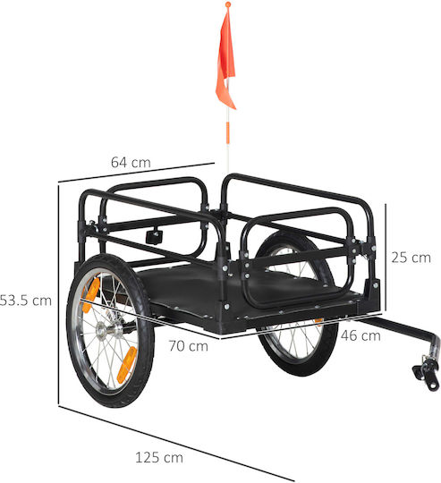 Homcom Bicycle Cart 70l 2 Wheels 16" 2 Reflectors Flag Steel Pe 125x64x53.5 Cm Black B71-054