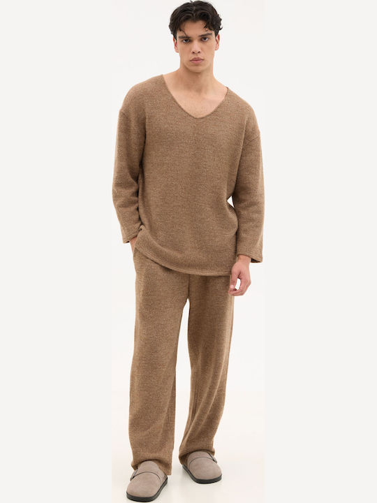 Women's Long Sleeve Sweater with V Neckline Beige