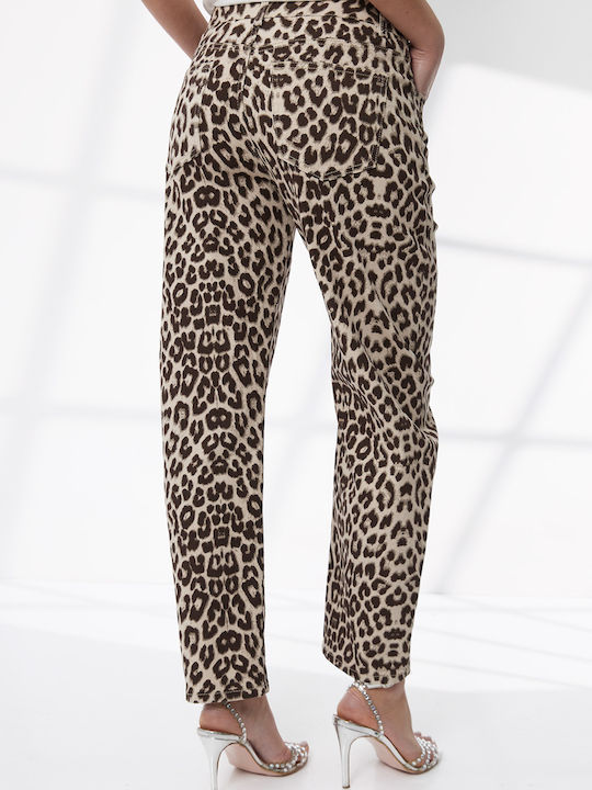 Women's High Rise Fabric Trousers Leopard Animal Print