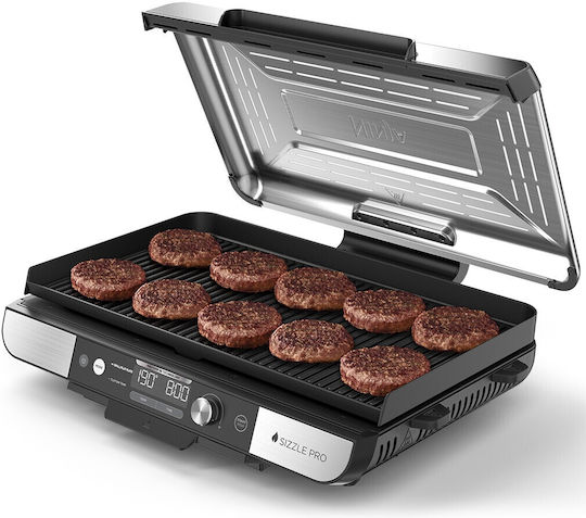 Ninja Sizzle Pro Xl Tabletop Electric Grill Grate 1800W Inox with Lid and Adjustable Thermostat