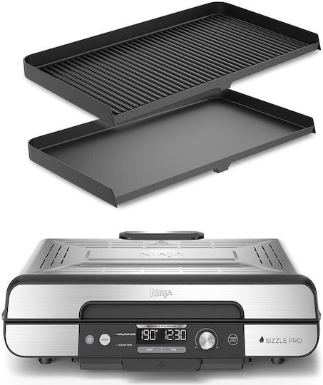 Ninja Sizzle Pro Xl Tabletop Electric Grill Grate 1800W Inox with Lid and Adjustable Thermostat