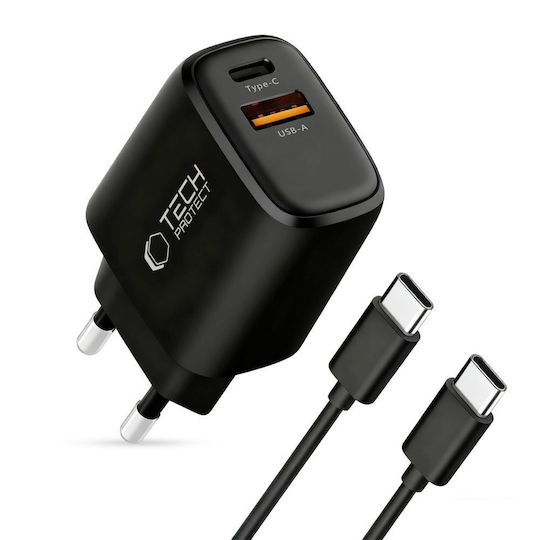 Tech-Protect Charger GaN with USB-A Port and USB-C Port and Cable USB-C - USB-C 45W Power Delivery / Quick Charge 3.0 Blacks (NCA45W)