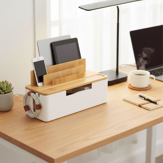 Relaxdays Bamboo Cable Management Box with Base for Tablets / Phones 16 x 30 x 13 cm - White / Light Brown