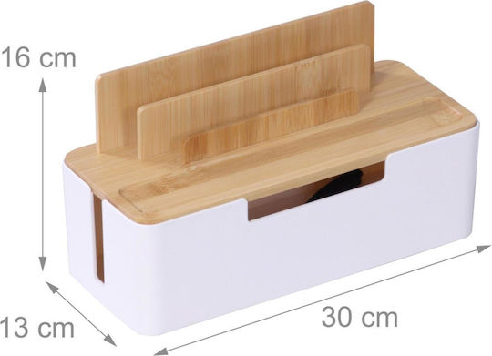 Relaxdays Bamboo Cable Management Box with Base for Tablets / Phones 16 x 30 x 13 cm - White / Light Brown