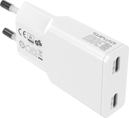 4Smarts Φορτιστής Χωρίς Καλώδιο GaN με 2 Θύρες USB-C 30W Power Delivery Λευκός (Flatplug Slim)