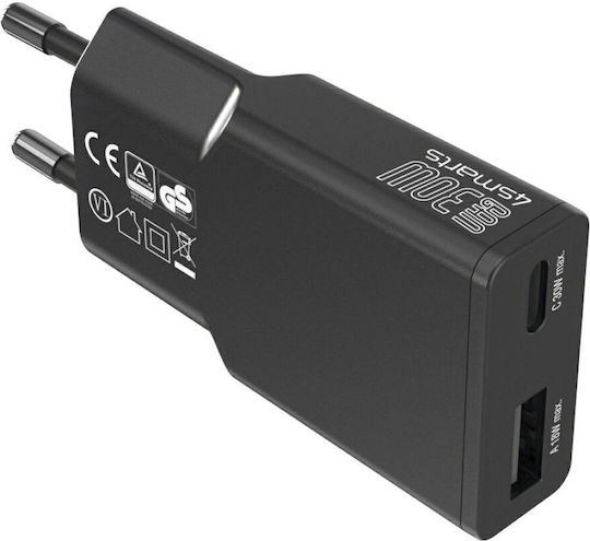 4Smarts Φορτιστής Χωρίς Καλώδιο GaN με 2 Θύρες USB-C 30W Power Delivery Μαύρος (Flatplug Slim)