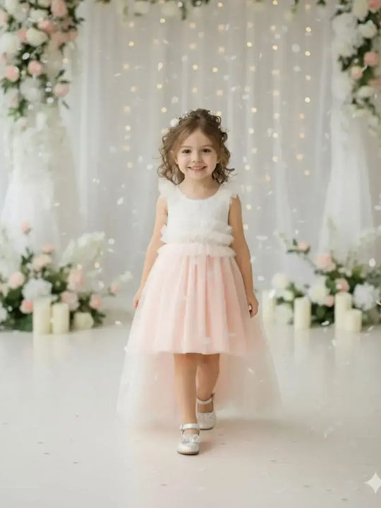 Girls Sleeveless Tulle Dress For Flower Girls Set with Accessories Pink & White