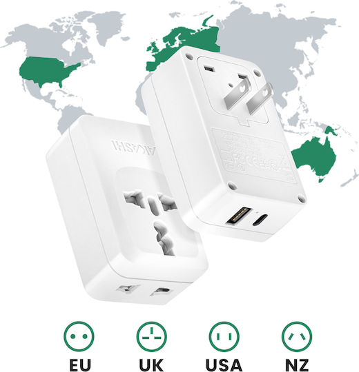 Akashi Travel Adapter Usa Japan China Usb Usb C 15w White