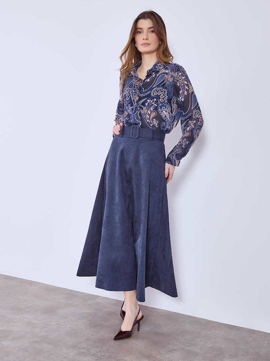 Celestino Women's Skirt Midi Suede Look Loose Fit Dark Blue