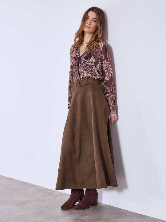 Celestino Women's Skirt Midi Suede Look Loose Fit Brown