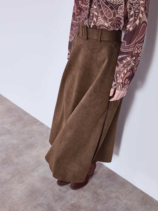 Celestino Women's Skirt Midi Suede Look Loose Fit Brown