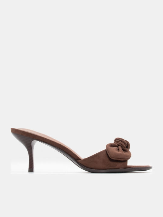 Suede Women's Mules with Thin Low Heel in Brown Color