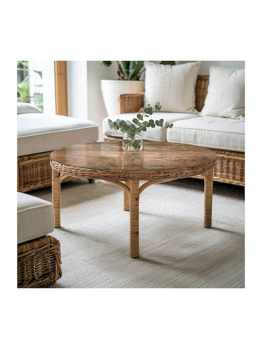 Round Table Panel Tempered Glass Wooden Plank Design Natural Style Ø 90 Cm