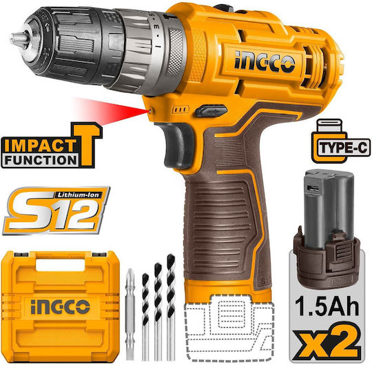 Ingco CIDLI12206E Percussive Battery Drill Driver 12V 2x1.5Ah