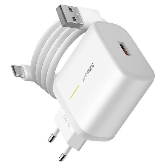 Oppo Зарядно с вграден кабел с USB-A порт USB-C 65W Бял (VCA7GACH)