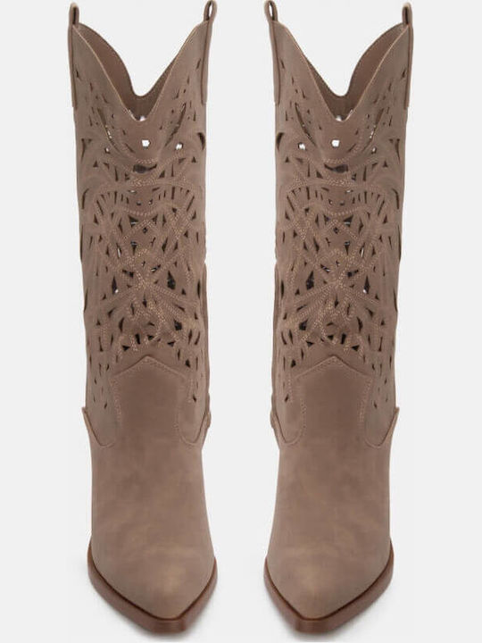 Synthetic Leather Medium Heel Cowboy Boots with Zipper Beige