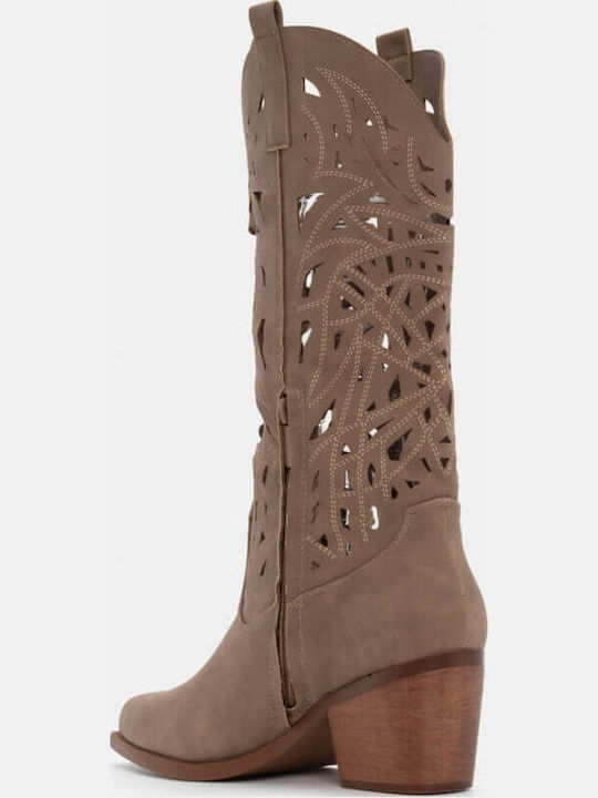 Synthetic Leather Medium Heel Cowboy Boots with Zipper Beige