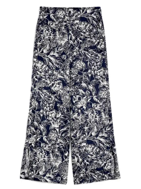21311523 Women's High-waisted Linen Trousers with Elastic Floral Navy Blue