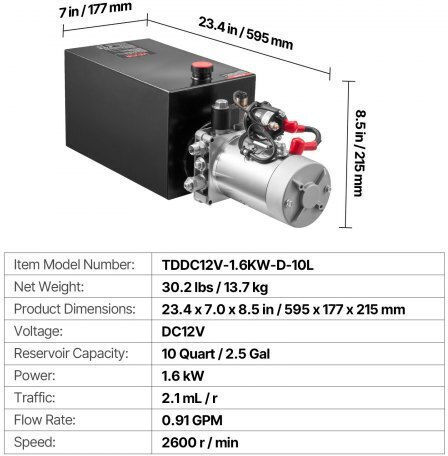 Vevor 10 L Hydraulic Power Unit Single Acting Dump Trailer Pump 22 Mpa Max Relief Pressure & 3.4 L Min Flow Rate Dc 12v Hydraulic Pump Metal Reservoir Dump Trailer Car Lifting