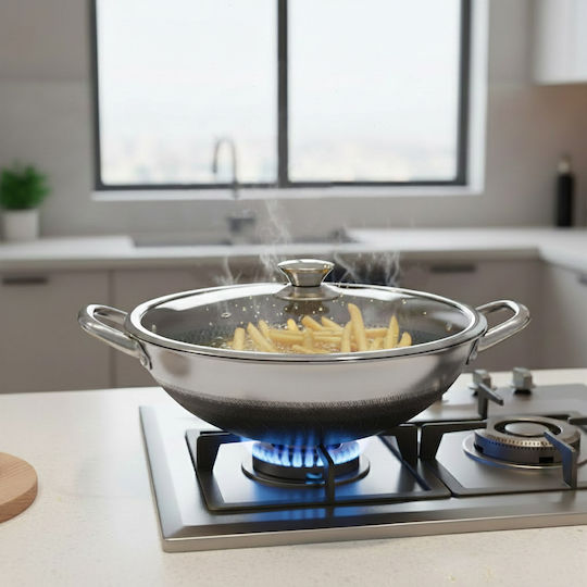 Cheffinger 32cm Wok Honeycomb Coating Scratch-resistant Lid Silver