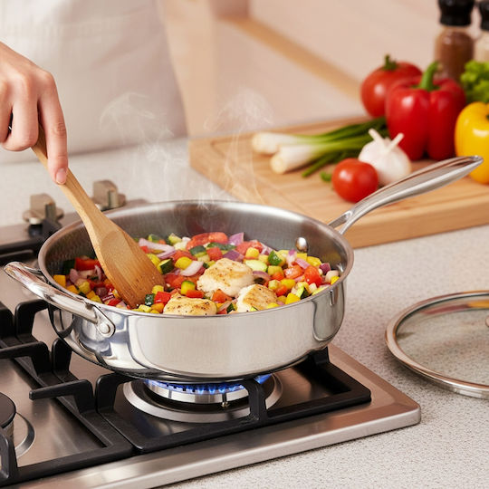 Cheffinger High-edge Frying Pan 28cm Honeycomb Coating Long Handle Lid Silver