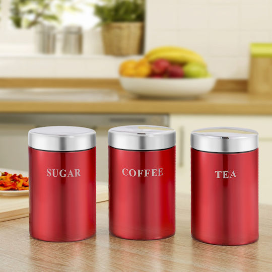 Cheffinger Lot 3 Stainless Steel Boxes Coffee Tea Sugar Airtight Red Cheffinger Lot 3 Stainless Steel Boxes Coffee Tea Sugar Airtight Red