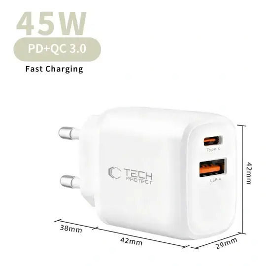 Tech-Protect Ladegerät GaN mit USB-A Anschluss und USB-C Anschluss und Kabel USB-C - Lightning 45W Stromlieferung / Schnellaufladung 3.0 Weißs (NCA45W)