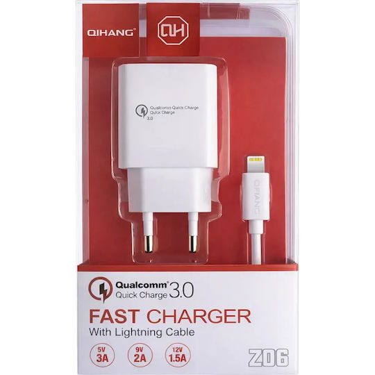 QIHANG Ladegerät mit USB-A Anschluss und Kabel Blitzschlag Schnellaufladung 3.0 Weißs (Z06)